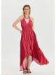 V Neck Backless Halter Neck Coral Floral Dress 4655